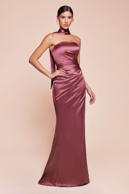 Fitted Strapless Straight Satin Lace-Up Corset Back Gown 7451
