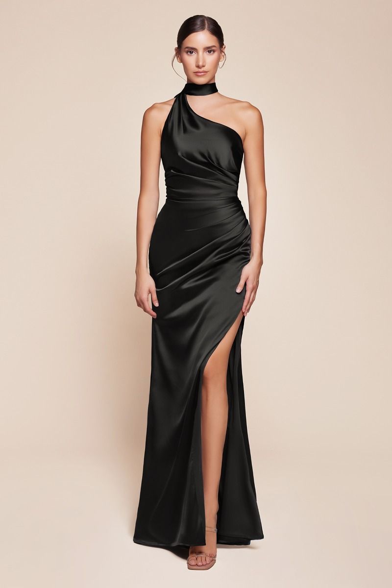 Elegant Fitted One Shoulder Luxe Satin Leg Slit Gown 7454