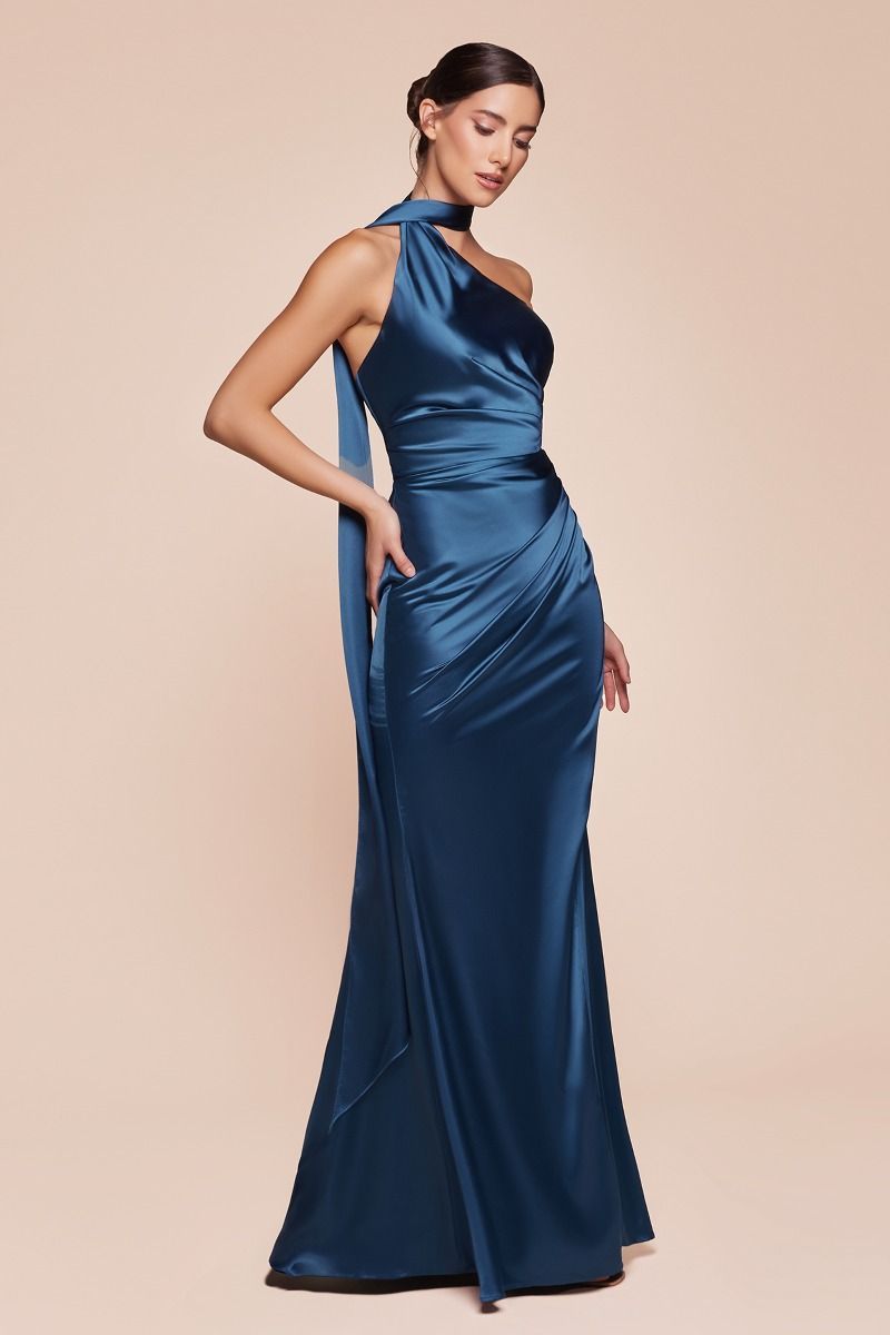 Elegant Fitted One Shoulder Luxe Satin Leg Slit Gown 7454