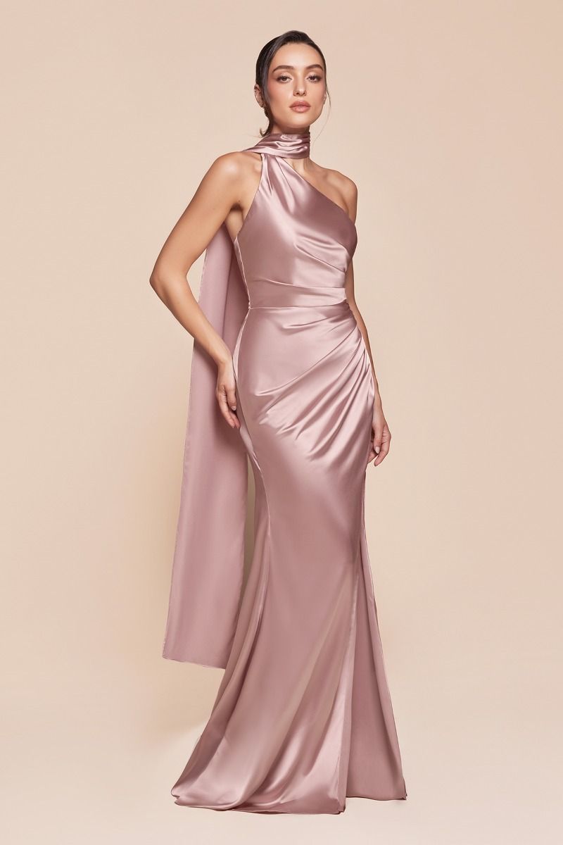 Elegant Fitted One Shoulder Luxe Satin Leg Slit Gown 7454