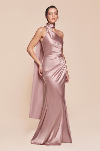 Elegant Fitted One Shoulder Luxe Satin Leg Slit Gown 7454