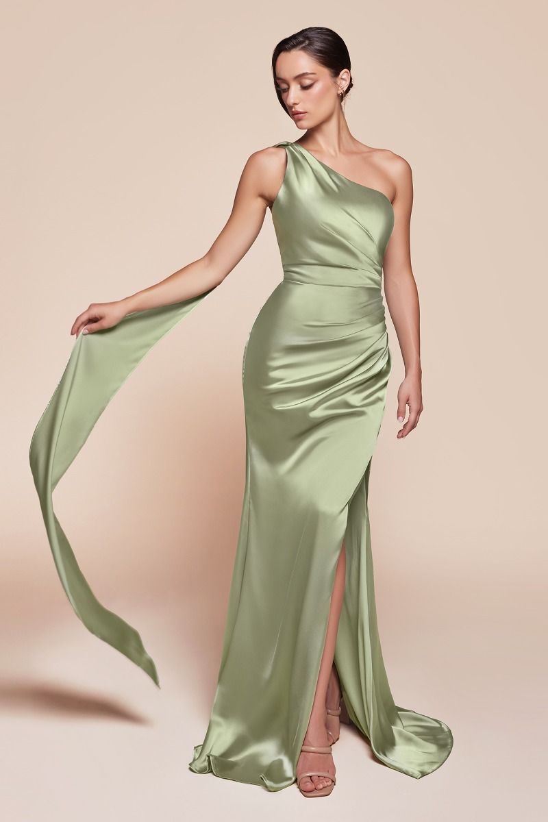 Elegant Fitted One Shoulder Luxe Satin Leg Slit Gown 7454