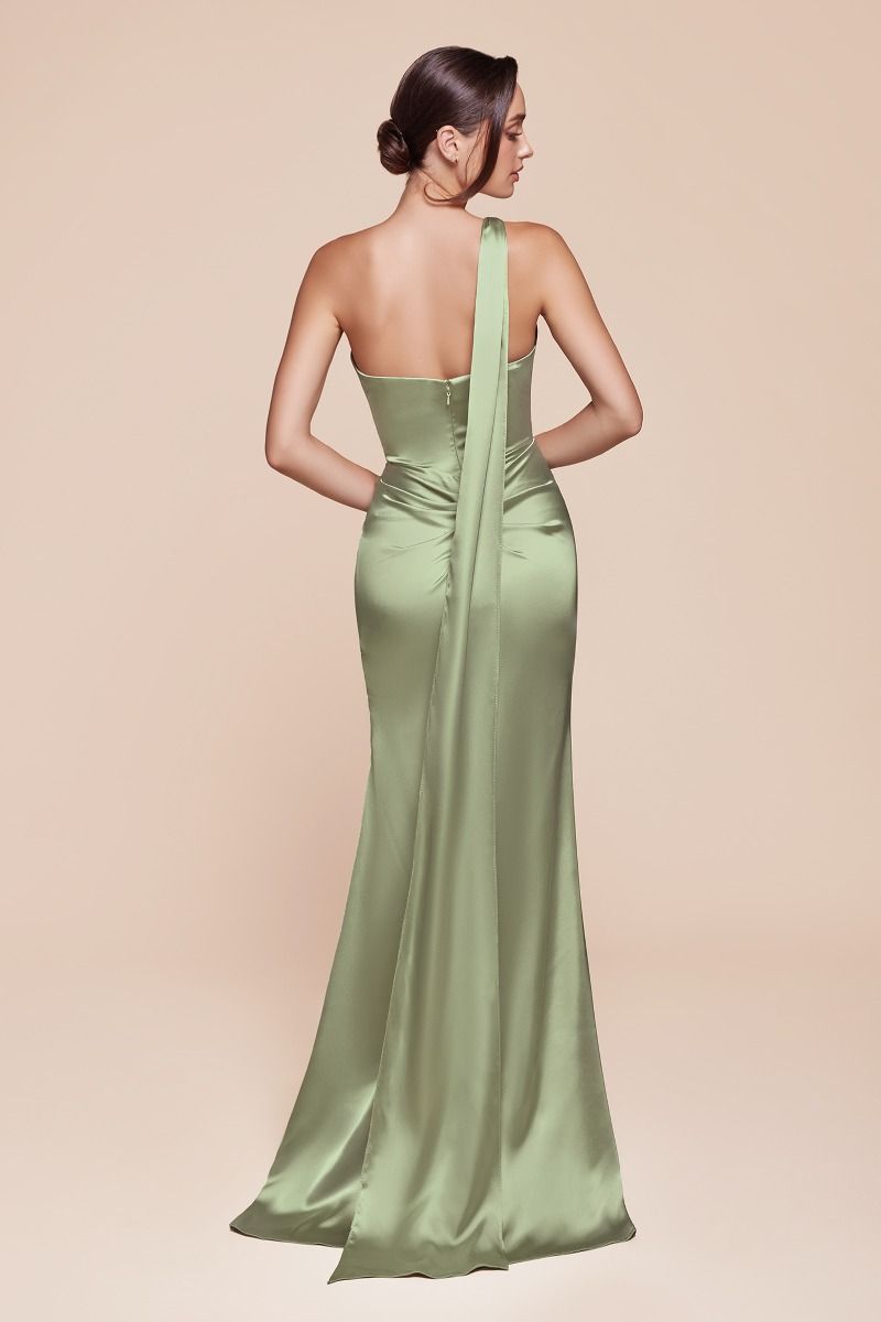 Elegant Fitted One Shoulder Luxe Satin Leg Slit Gown 7454
