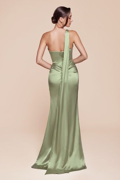 Elegant Fitted One Shoulder Luxe Satin Leg Slit Gown 7454