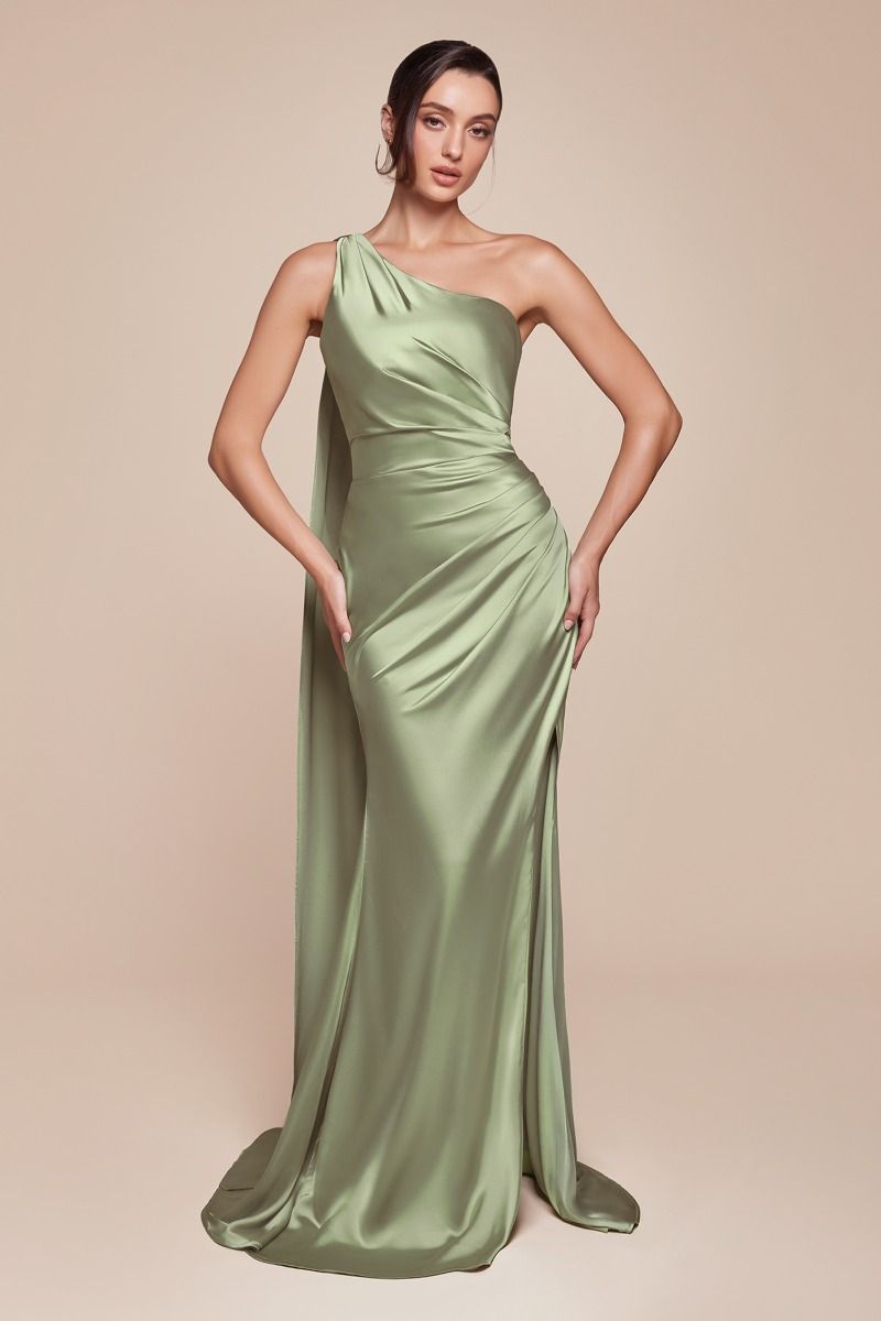 Elegant Fitted One Shoulder Luxe Satin Leg Slit Gown 7454