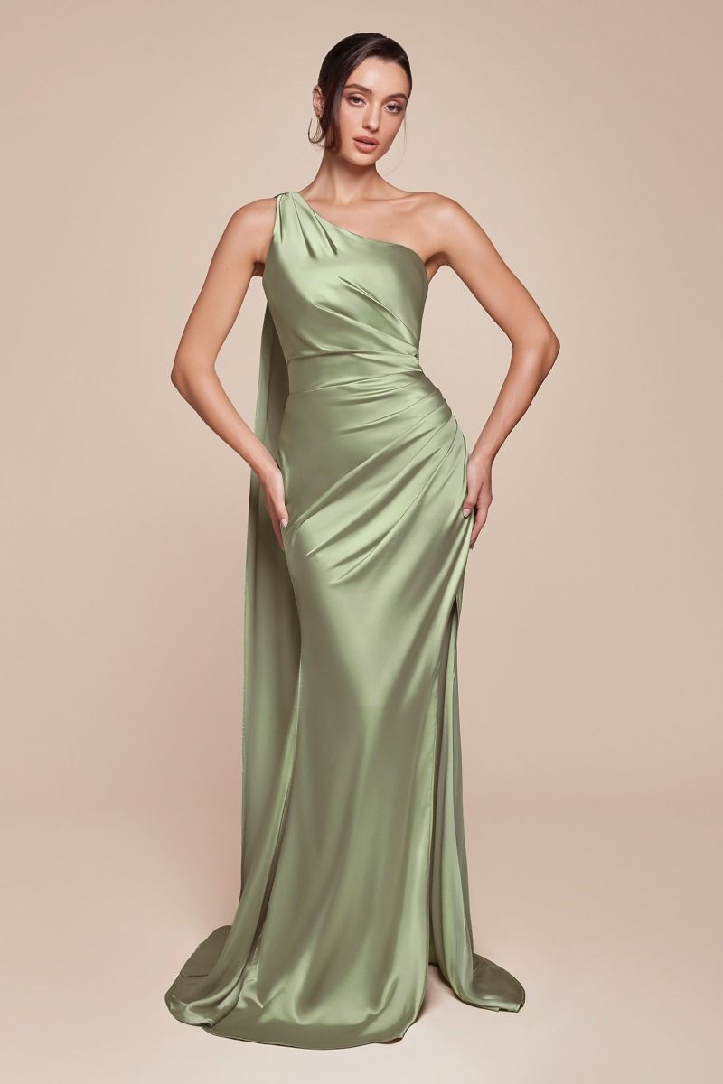 Elegant Fitted One Shoulder Luxe Satin Leg Slit Gown 7454