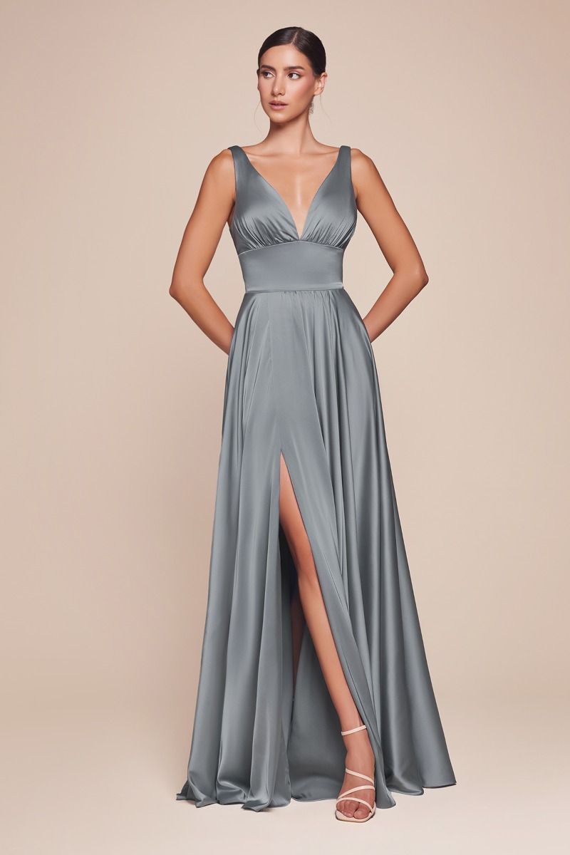 A-Line Deep V-Neck Soft Satin Empire Waistline Dress 7469