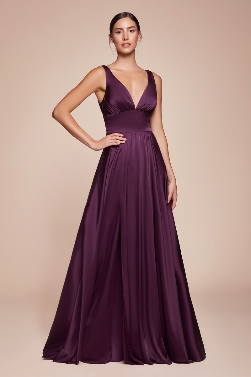 A-Line Deep V-Neck Soft Satin Empire Waistline Dress 7469