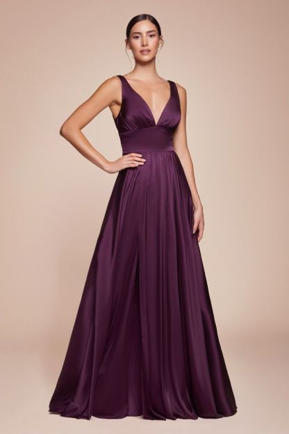 A-Line Deep V-Neck Soft Satin Empire Waistline Dress 7469