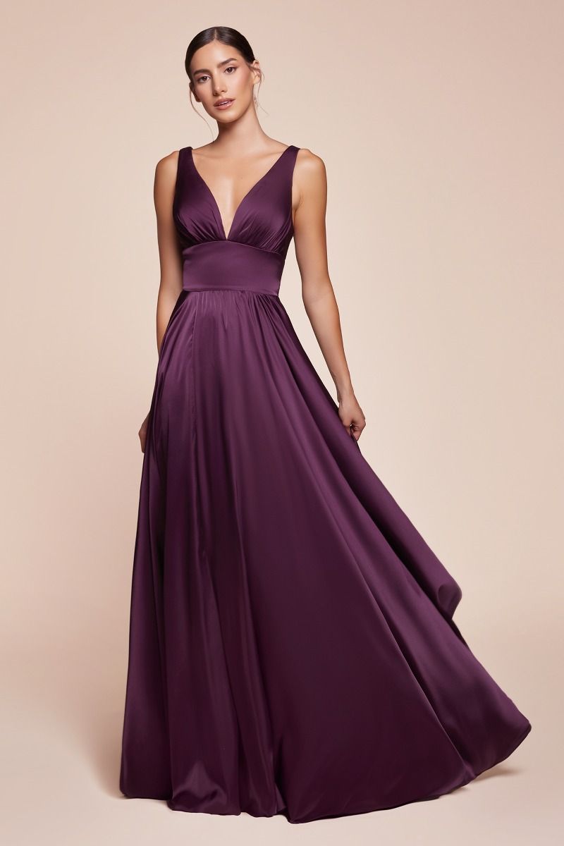 A-Line Deep V-Neck Soft Satin Empire Waistline Dress 7469
