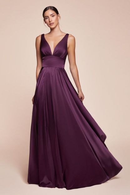 A-Line Deep V-Neck Soft Satin Empire Waistline Dress 7469