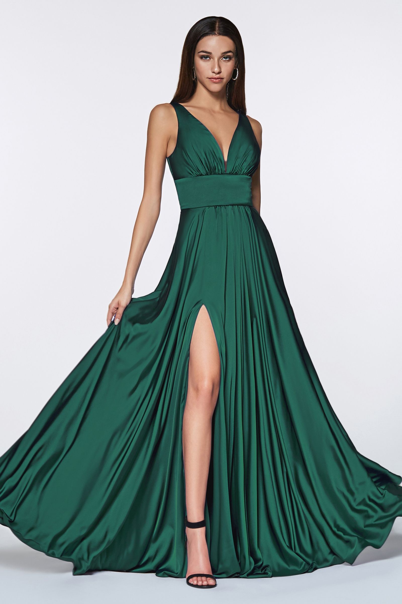 A-Line Deep V-Neck Soft Satin Empire Waistline Dress 7469