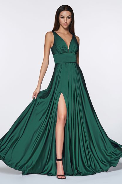 A-Line Deep V-Neck Soft Satin Empire Waistline Dress 7469