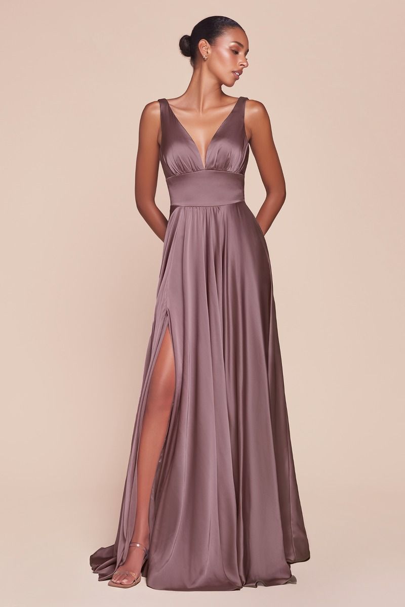 A-Line Deep V-Neck Soft Satin Empire Waistline Dress 7469