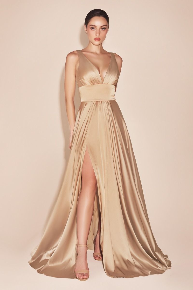 A-Line Deep V-Neck Soft Satin Empire Waistline Dress 7469