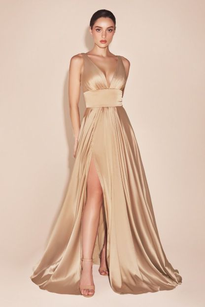 A-Line Deep V-Neck Soft Satin Empire Waistline Dress 7469