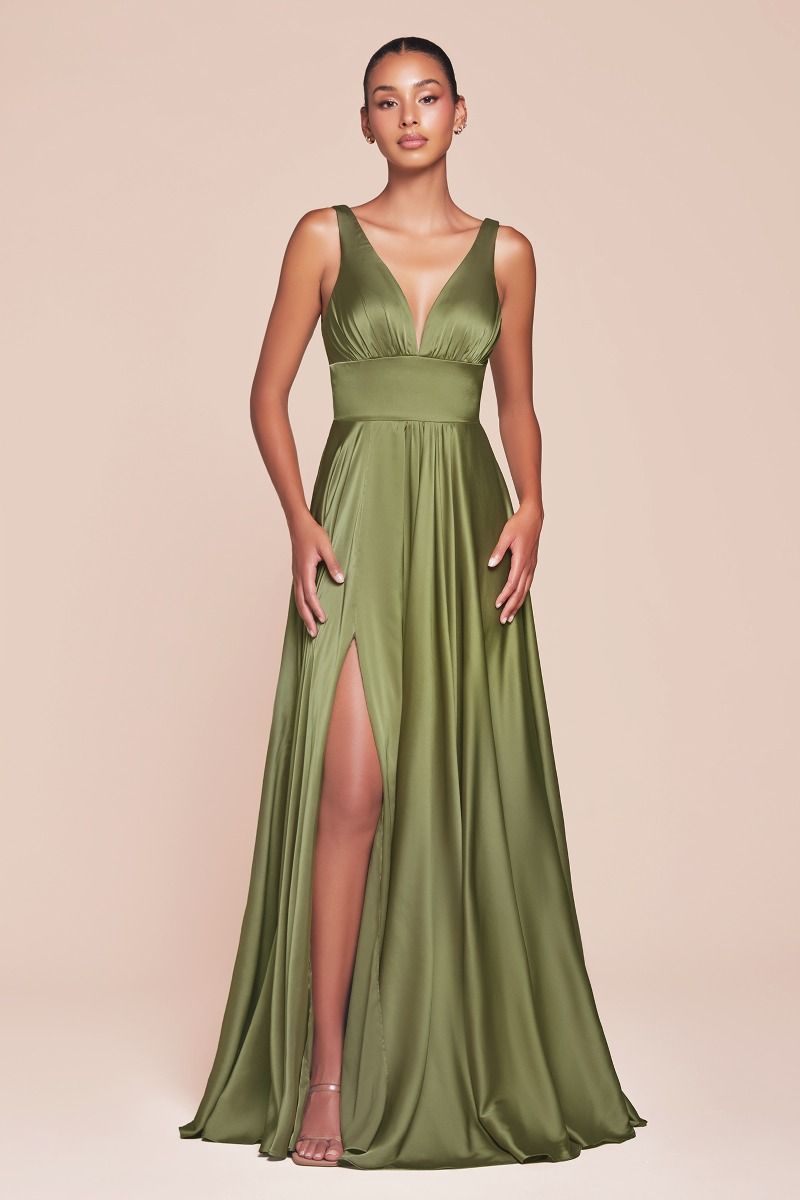 A-Line Deep V-Neck Soft Satin Empire Waistline Dress 7469