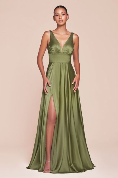 A-Line Deep V-Neck Soft Satin Empire Waistline Dress 7469