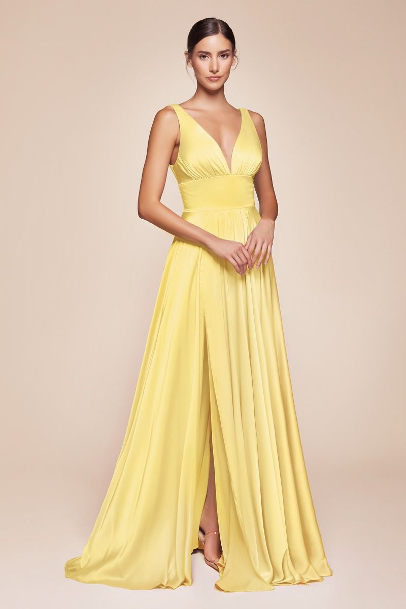 A-Line Deep V-Neck Soft Satin Empire Waistline Dress 7469