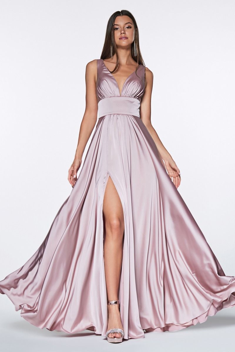 A-Line Deep V-Neck Soft Satin Empire Waistline Dress 7469