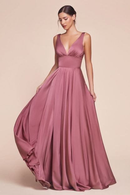 A-Line Deep V-Neck Soft Satin Empire Waistline Dress 7469
