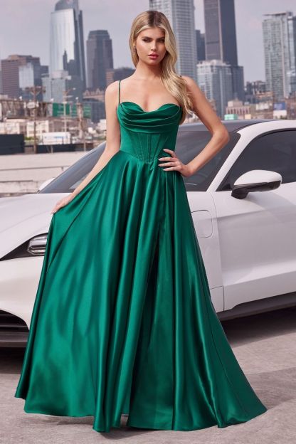 A-Line Pleated Thin Straps Luxe Satin Corset Bridesmaid Prom Dress 7481