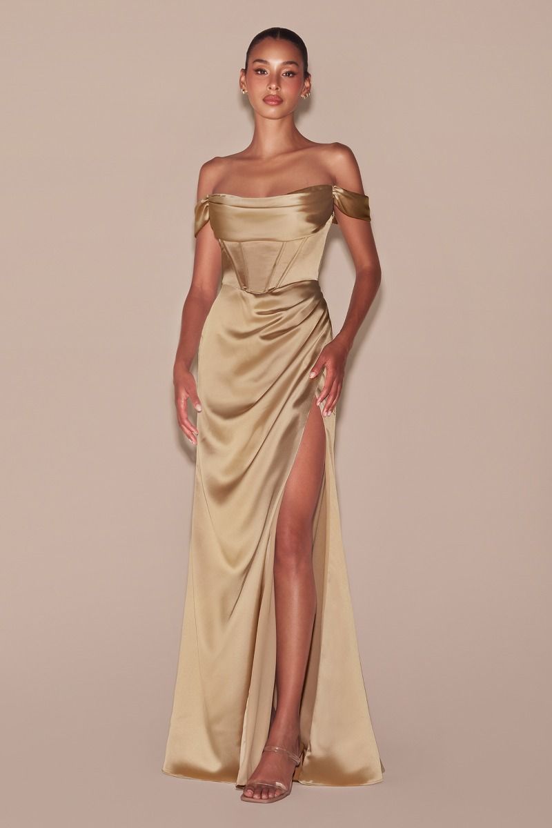 Fitted Satin Off The Shoulder Pleated Slit Corset Gown 7492