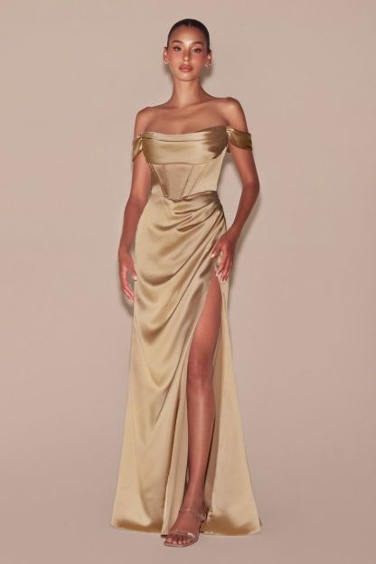 Fitted Satin Off The Shoulder Pleated Slit Corset Gown 7492