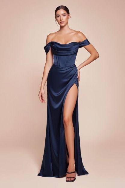 Fitted Satin Off The Shoulder Pleated Slit Corset Gown 7492