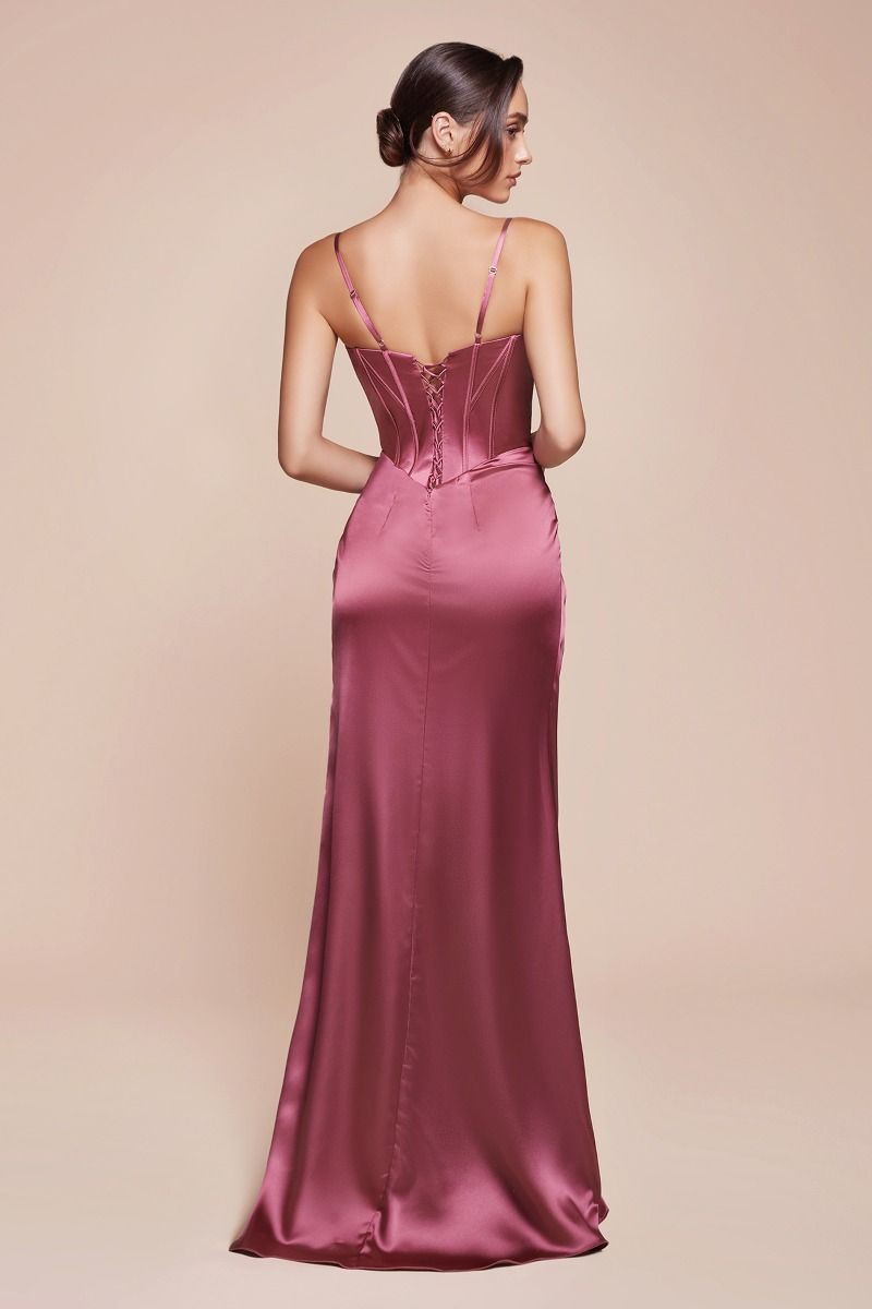 Fitted Sweetheart Luxe Satin Bustier Draped Slit Gown 7495