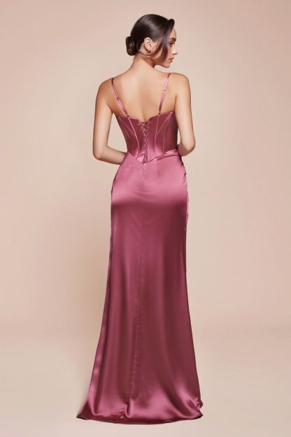 Fitted Sweetheart Luxe Satin Bustier Draped Slit Gown 7495