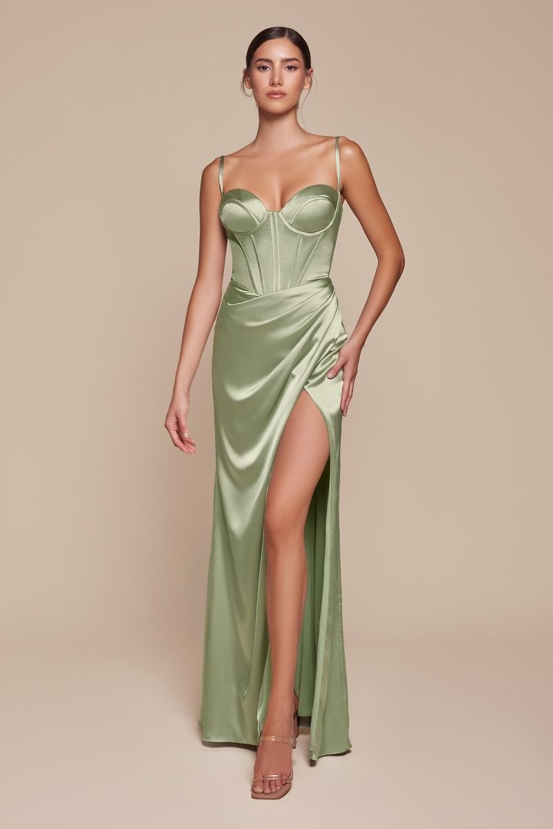 Fitted Sweetheart Luxe Satin Bustier Draped Slit Gown 7495