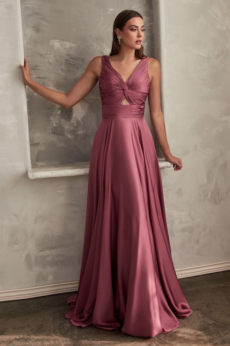 A-Line Straps V-Neck Satin Pleated Keyhole Dress 7497
