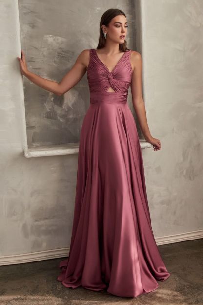 A-Line Straps V-Neck Satin Pleated Keyhole Dress 7497