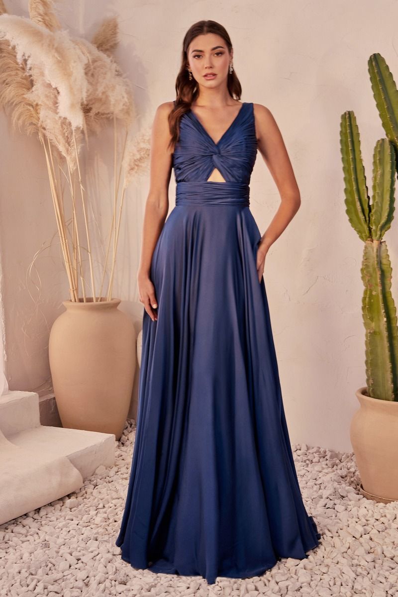 A-Line Straps V-Neck Satin Pleated Keyhole Dress 7497
