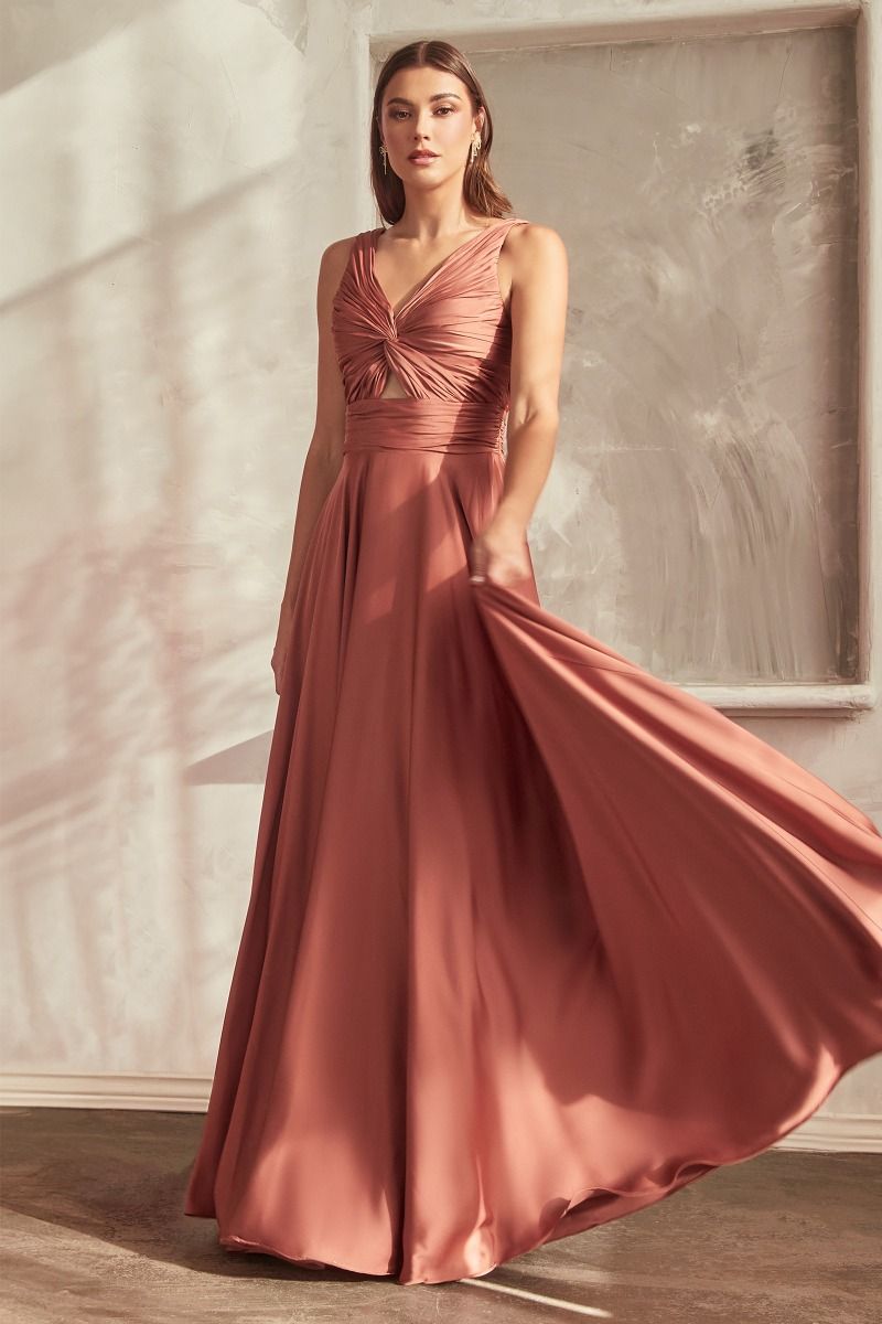 A-Line Straps V-Neck Satin Pleated Keyhole Dress 7497