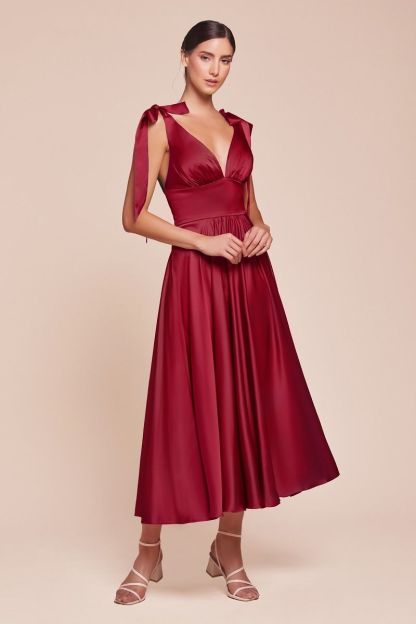 A-Line Tie Shoulder Straps Tea Length Satin Dress 7499