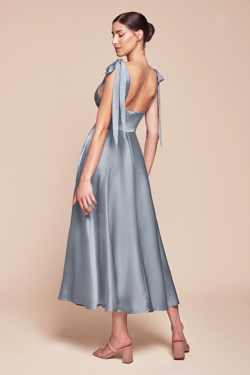 A-Line Tie Shoulder Straps Tea Length Satin Dress 7499