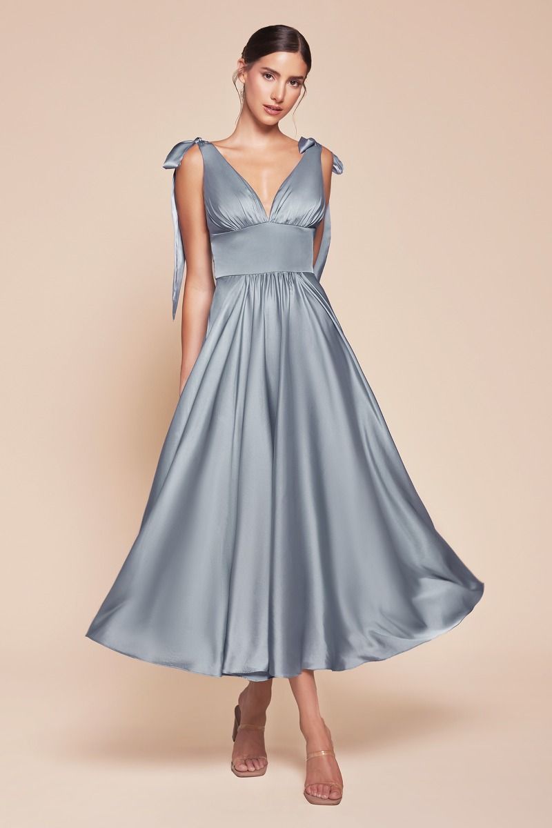 A-Line Tie Shoulder Straps Tea Length Satin Dress 7499
