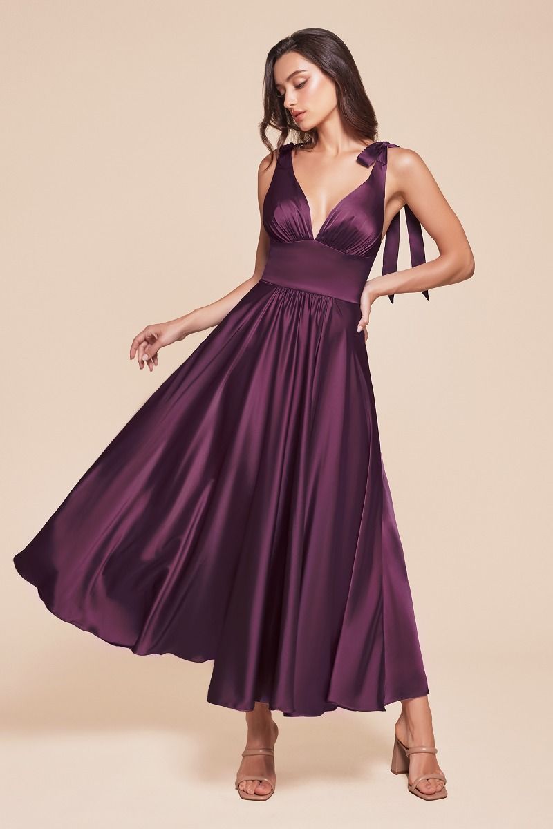 A-Line Tie Shoulder Straps Tea Length Satin Dress 7499