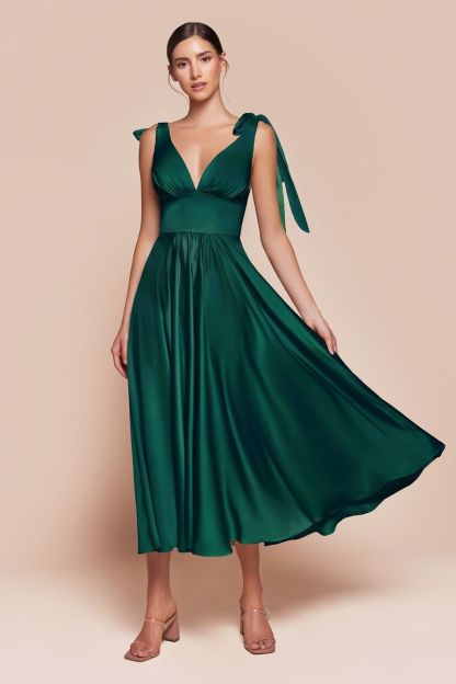 A-Line Tie Shoulder Straps Tea Length Satin Dress 7499