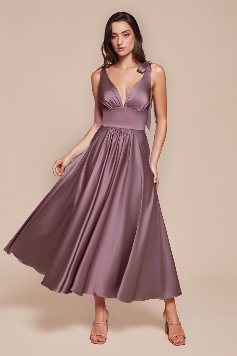 A-Line Tie Shoulder Straps Tea Length Satin Dress 7499