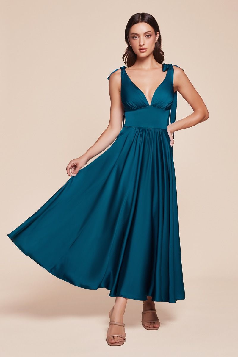 A-Line Tie Shoulder Straps Tea Length Satin Dress 7499