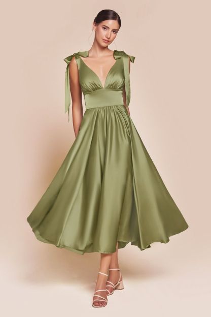 A-Line Tie Shoulder Straps Tea Length Satin Dress 7499