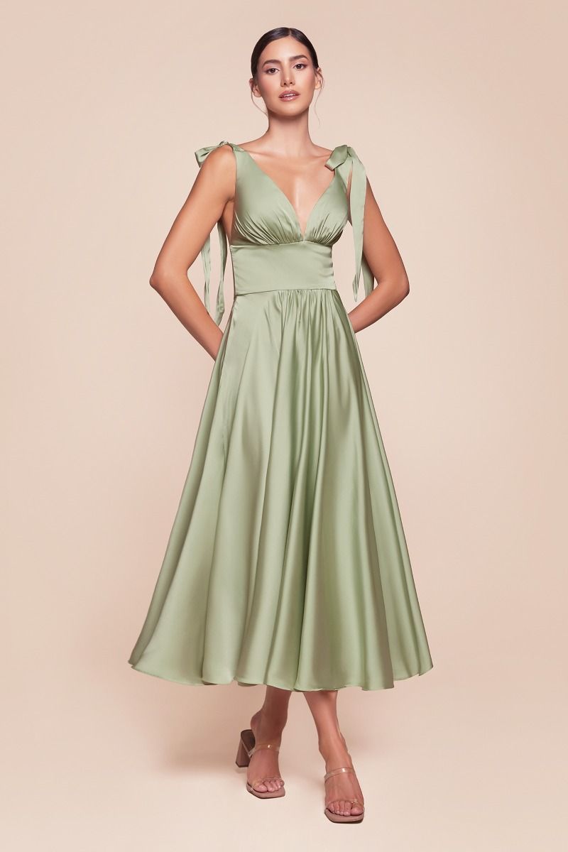 A-Line Tie Shoulder Straps Tea Length Satin Dress 7499