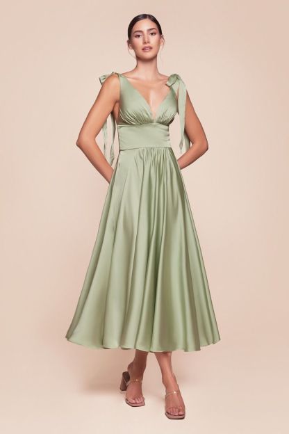 A-Line Tie Shoulder Straps Tea Length Satin Dress 7499