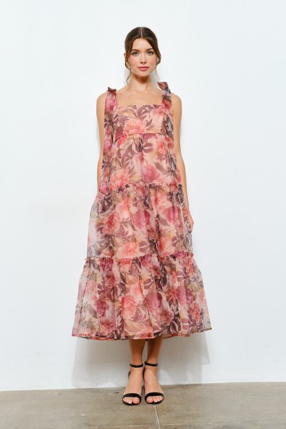 Organza Floral Printed Tiered Midi Dress #23649021