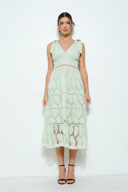 Lace Ribbon Accent Sleeveless Midi Dress #23558090