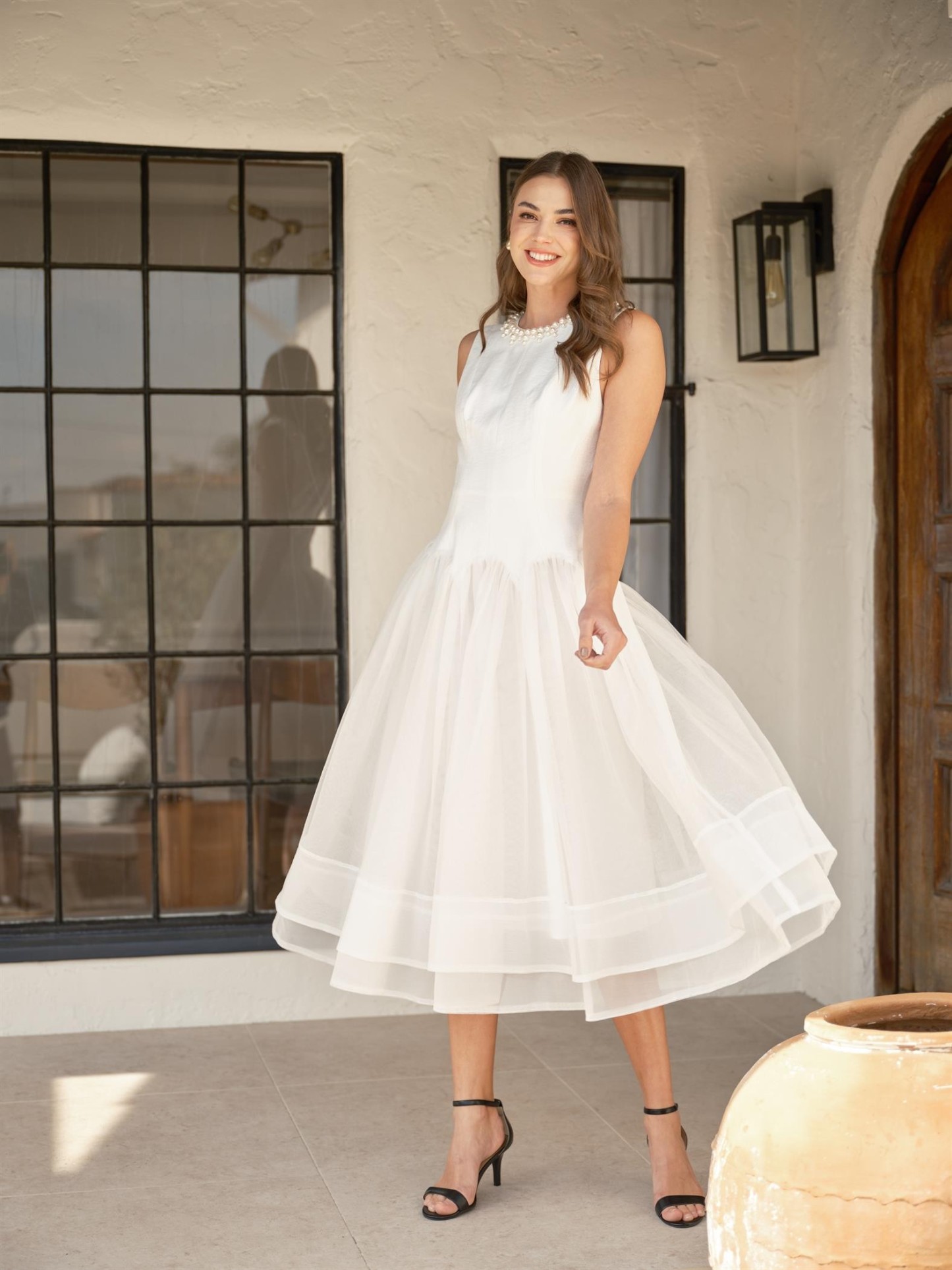 Pearl Embellished Sheer Tulle Midi Dress #23647833