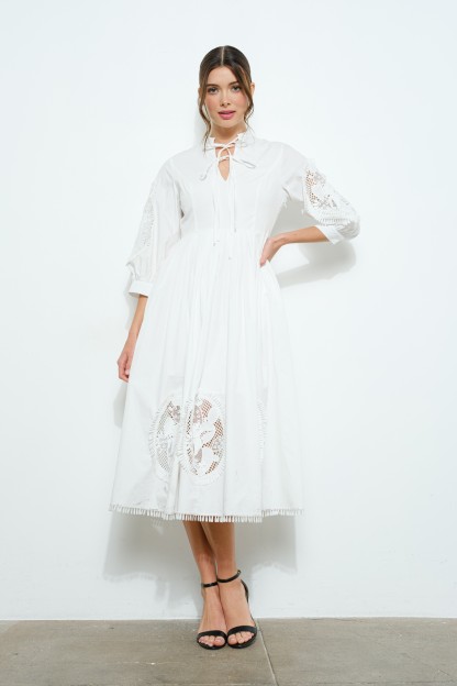 Cotton Lace Embroidered Balloon Sleeve Midi Dress #23536932